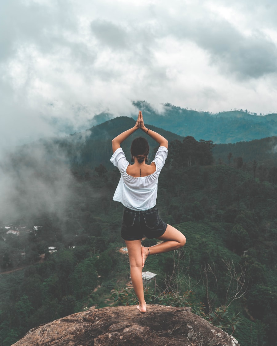 Woman in a guided stretching pose outdoors